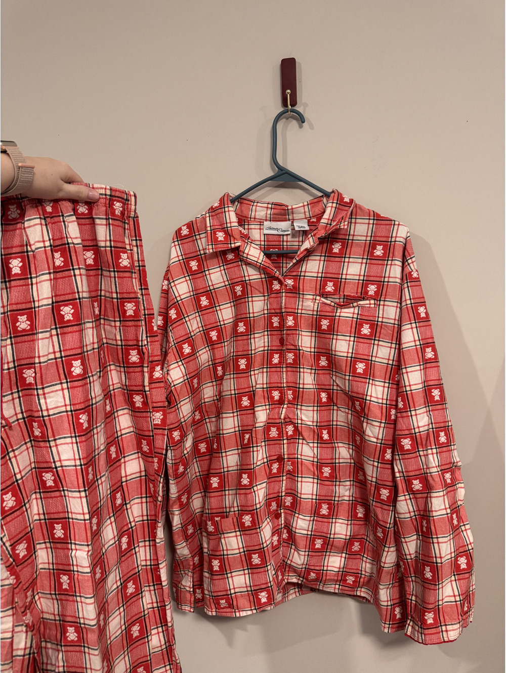 Vintage Intimate Classics Flannel Pajama Set L Red White Plaid Teddy Bear Womens